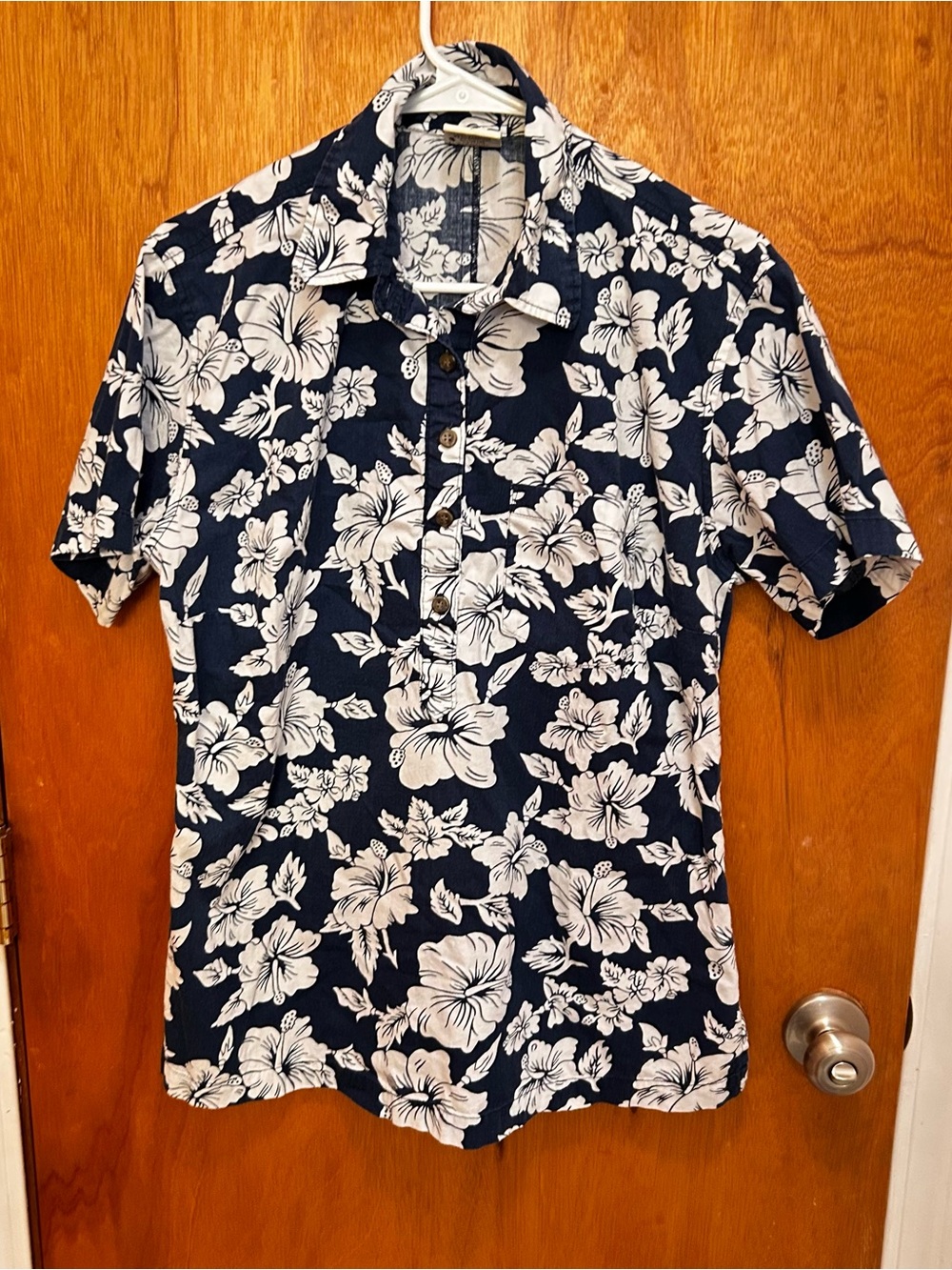 Go Barefoot Women's Hawaiian Shirt Aloha Style Blue & White Vintage Size Large